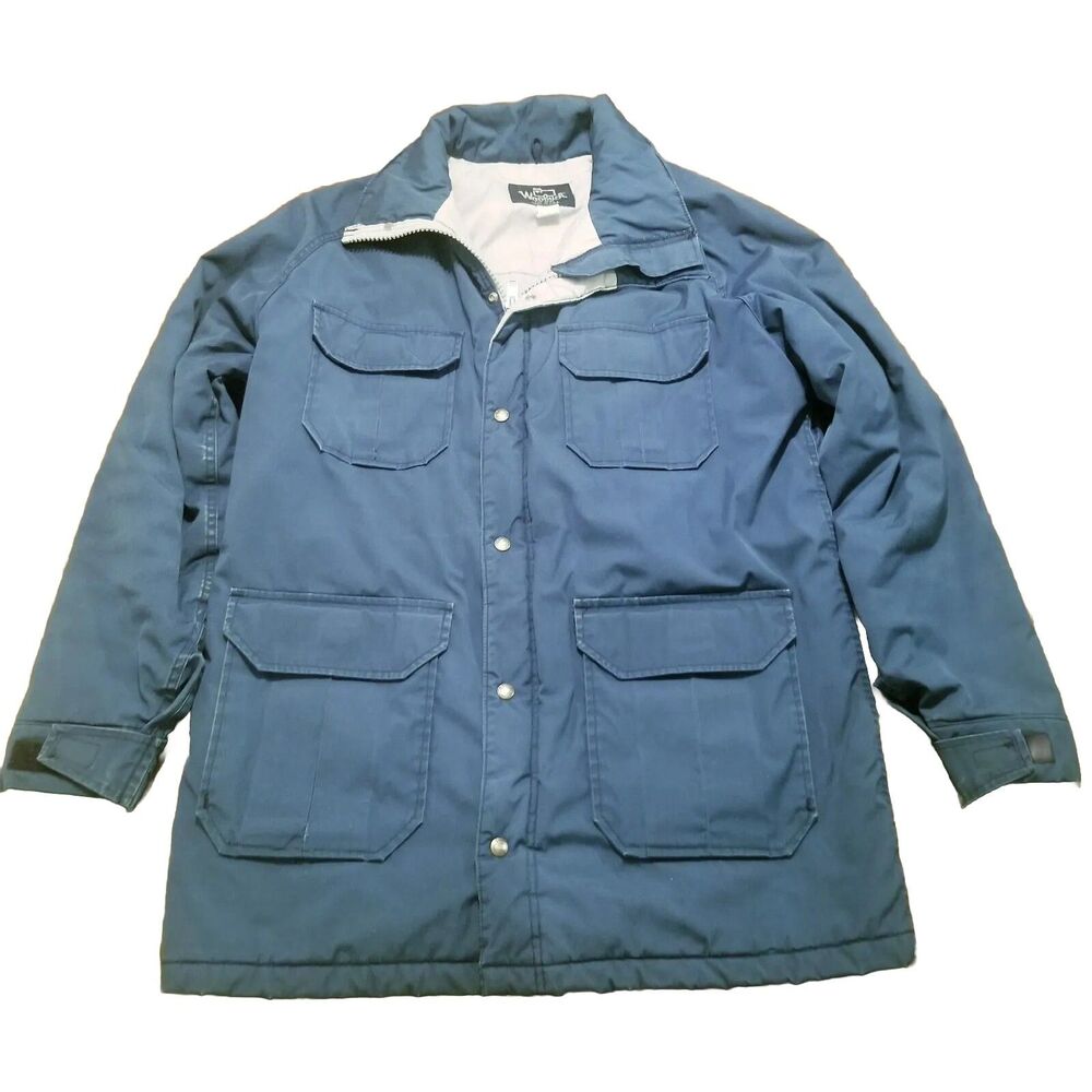 Woolrich Field Jacket Men Size L Blue Vintage Coat Chore Parka Utility Hood USA